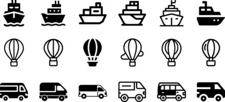 Ship Hot Air Balloon and Sprinter Van Icon Set Travel Collection vector