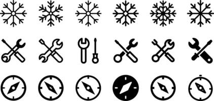 Snowflake Wrench and Screwdriver Compass Icon Set Utility and Navigation Collection vector
