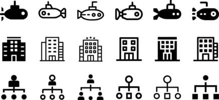 Diverse Icons Submarine Hotel Building and Hierarchy Pack vector