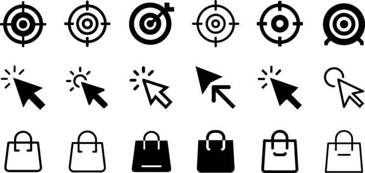 comercio electrónico íconos objetivo cursor hacer clic y compras bolso paquete vector