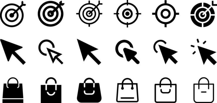 minimalista compras íconos objetivo cursor hacer clic y compras bolso diseño vector