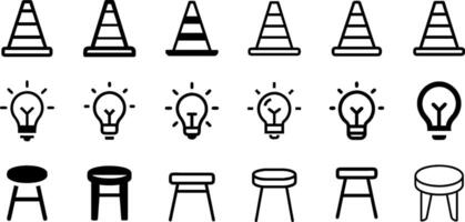 Everyday Objects Icon Set Traffic Cone Light Bulb and Stool vector