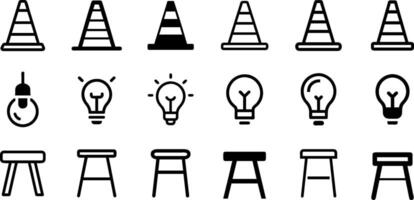 Minimalist Icons Traffic Cone Light Bulb and Stool Pack for Creative Projects vector