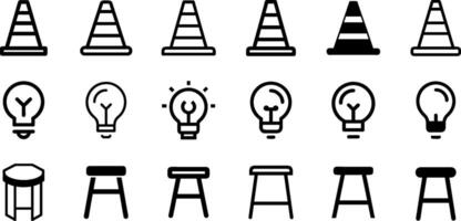 Utility and Home Icons Traffic Cone Light Bulb and Stool Set vector