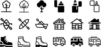 Nature and Adventure Icons Tree Lighter Rowing Boat Log Cabin Hiking Boot Camper Van Pack vector