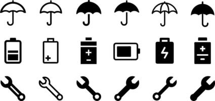 Minimalist Utility Icons Umbrella Battery and Wrench Design vector
