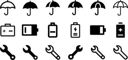 Umbrella Battery and Wrench Icon Set Essential Tools Collection vector