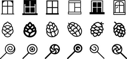 Window, Pine Cone, and Lollipop Icon Set Minimalist Design vector