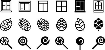 Flat Line Art Window, Pine Cone, and Lollipop Icon Collection vector