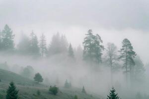 Misty Mountain Forest Scene with Fog Enveloping Coniferous Trees photo