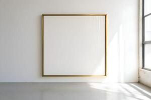 Minimalist art space featuring a large empty frame for wall art mockup in a bright room with natural light streaming through a window. photo