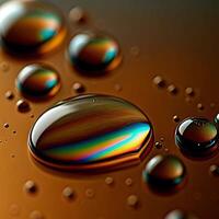 Macro Photography of iridescent water droplets on a dark brown surface showcasing vibrant rainbow reflections and small bubbles photo
