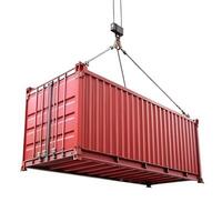 A red container is being lifted by a crane photo