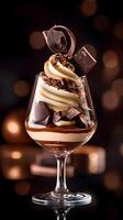 Decadent chocolate dessert served in a glass with swirls of cream and chocolate garnishes on a softly lit background photo