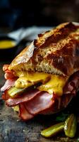 Delicious ham and cheese sandwich with pickles served on crusty bread at a rustic wooden table in a cozy kitchen setting photo