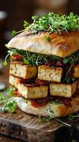 Delicious stack of grilled tofu and fresh greens on toasted bread with a rustic wooden background photo