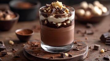 Rich chocolate dessert layered with cream and nuts in a glass bowl on a rustic wooden table photo
