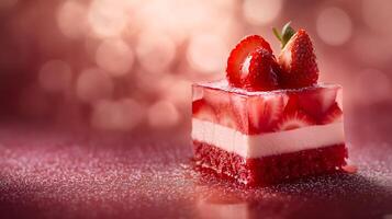Delectable strawberry layer cake with a glossy finish presented against a shimmering background photo