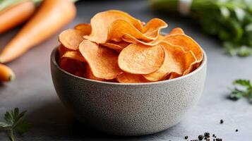 Sweet chips served in a textured bowl with fresh carrots on a dark stone surface and herbs in the background photo