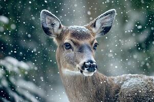 Snowfall creates a magical backdrop for a young deer in a serene winter forest setting photo