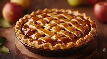 Delicious apple pie baked with a golden crust and a lattice design on a wooden table surrounded by fresh apples photo