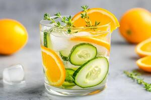 Refreshing summer drink with cucumber and orange slices garnished with thyme on a marble surface surrounded by fresh oranges in bright light photo