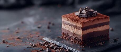 Decadent chocolate layered dessert displayed on a slate board with chocolate shavings and cocoa powder scattered around photo