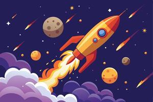 Depiction of a Mighty Rocket Soaring Through the Depths of Space vector