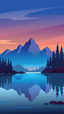 Serene Silhouette of a Placid Lake Reflecting the Evening Sky