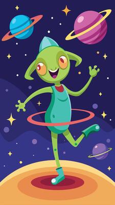 Humorous Illustration of a Quirky Alien Dancing Merrifully on an Extraterrestrial Planet