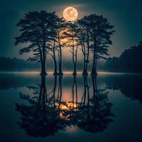 Serene Night Scene with Five Silhouetted Trees Mirrored in a Calm Lake Under a Large Full Moon photo