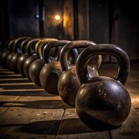 A Row of Vintage Kettlebells in a Dark Gym Setting, Showing Rustic Metal and Wooden Floor photo