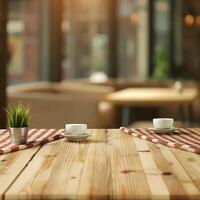 Wooden Table Setting in a Cafe with Two Coffee Cups and a Plant photo
