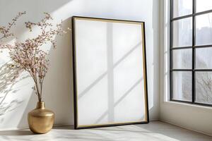 Blank frame for wall art mockup in a modern, minimalist setting with boho accents and soft natural light photo