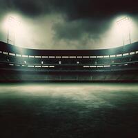 An empty baseball stadium with lights shining on it photo