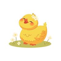 Cute kawaii duck on white background. Yellow duckling on meadow with daisies. cartoon character vector