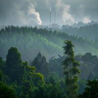 A view of a forest with smoke coming out of the trees photo
