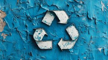 Recycling symbol mounted on a weathered blue wall with space for custom text photo