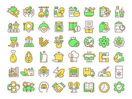 Sustainable food systems RGB color icons set. Products safety, transportation service. Cooking process. Isolated illustrations. Simple filled line drawings collection. Editable stroke vector