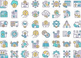Energy management RGB color icons set. Power consumption control, monitoring. Carbon emissions, ecology. Isolated illustrations. Simple filled line drawings collection. Editable stroke vector