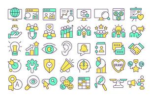 Social media listening RGB color icons set. Customer satisfaction, rating. Marketing research. Brand reputation. Isolated illustrations. Simple filled line drawings collection. Editable stroke vector