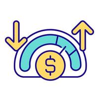 Cost meter RGB color icon. Money coin, price. Finance, economics. Increase arrow, decrease. Efficiency, performance. Isolated illustration. Simple filled line drawing. Editable stroke vector