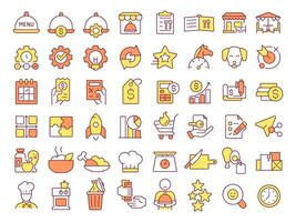 Restaurant management RGB color icons set. Catering business development strategy. Food serving for customers. Isolated illustrations. Simple filled line drawings collection. Editable stroke vector