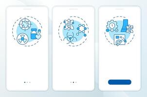 Nuclear sciences blue onboarding mobile app screen. Radiation. Walkthrough 3 steps editable graphic instructions with linear concepts. UI, UX, GUI template vector