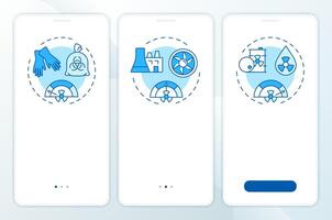 Types of nuclear waste blue onboarding mobile app screen. Walkthrough 3 steps editable graphic instructions with linear concepts. UI, UX, GUI template vector
