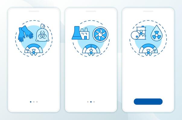 Types of nuclear waste blue onboarding mobile app screen. Walkthrough 3 steps editable graphic instructions with linear concepts. UI, UX, GUI template
