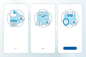 Radiation exposure principles blue onboarding mobile app screen. Walkthrough 3 steps editable graphic instructions with linear concepts. UI, UX, GUI template vector