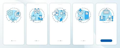 Radioactive waste management blue onboarding mobile app screen. Walkthrough 5 steps editable graphic instructions with linear concepts. UI, UX, GUI template vector