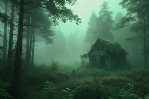 An abandoned house shrouded in a mysterious green fog deep within an ancient forest photo