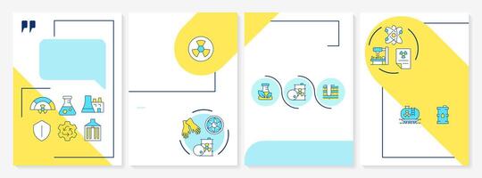 Nuclear waste management blue and yellow brochure template. Radioactive supplies utilization. Leaflet design with linear icons. Editable 4 layouts vector